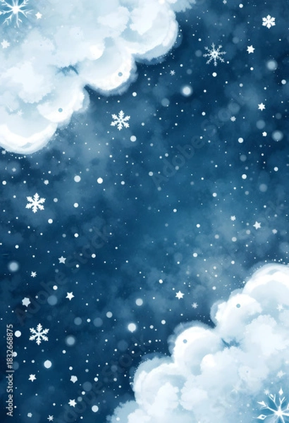 Fototapeta Child-friendly winter background with soft snow clouds fluffy snowflakes and pastel blue tones