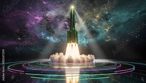 Obraz Futuristic 3D stock chart rising sharply with a glowing rocket launching from the peak, neon lights, dark holographic environment, cinematic depth. AI Generated.