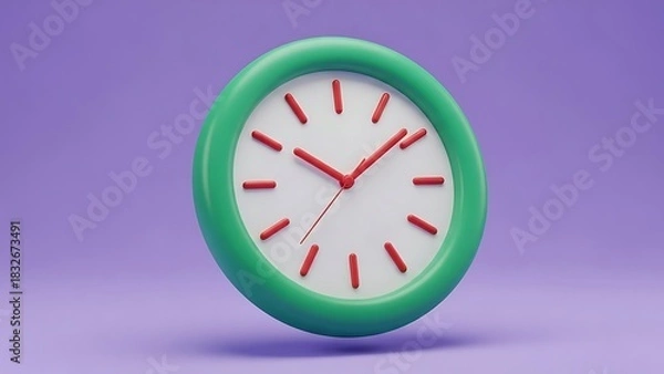 Fototapeta Modern cartoon clock with green bezel and red hands on purple background