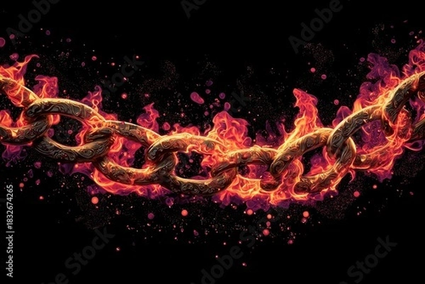 Fototapeta Inferno Chain: Fiery chain against black background, symbolizing strength, destruction, power and overcoming obstacles. Illustrating the fierce intensity of the burning links.