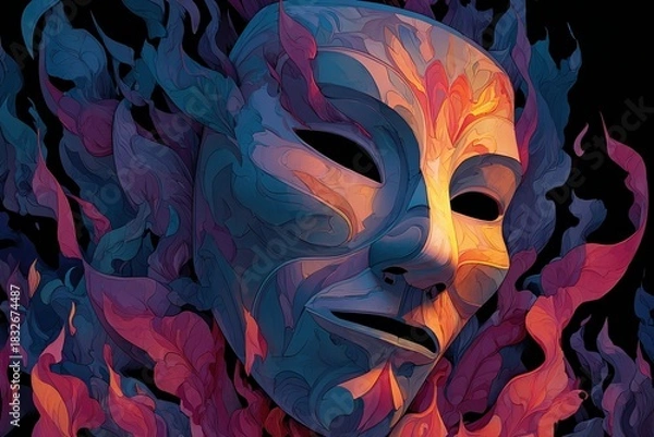 Fototapeta Mystery Mask: A mysterious mask with vibrant, colorful details, representing the duality of human nature, a striking symbol of hidden emotions and complex identities.
