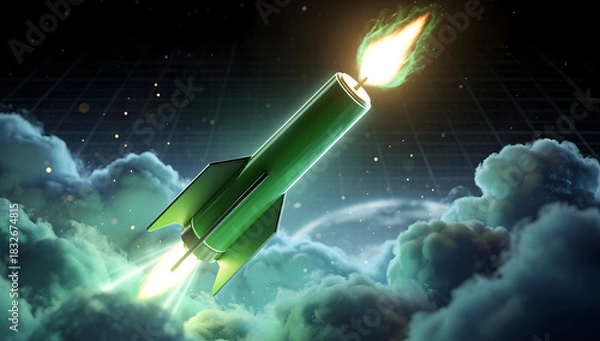 Fototapeta Futuristic 3D stock chart rising sharply with a glowing rocket launching from the peak, neon lights, dark holographic environment, cinematic depth. AI Generated.