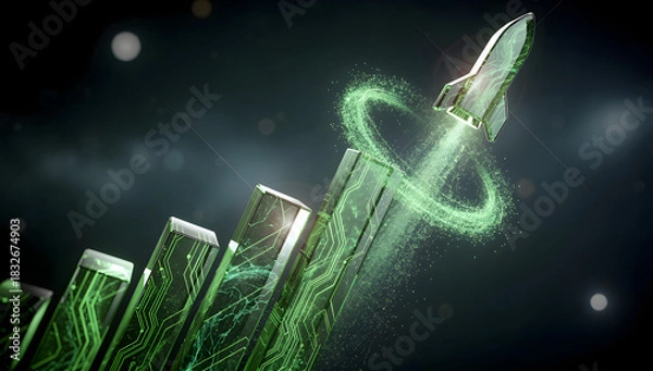 Fototapeta Futuristic 3D stock chart rising sharply with a glowing rocket launching from the peak, neon lights, dark holographic environment, cinematic depth. AI Generated.