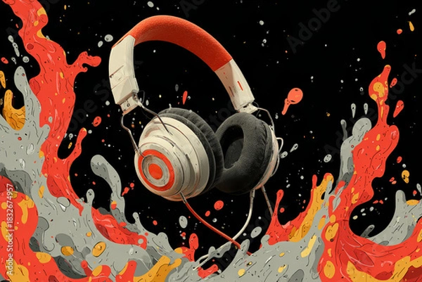 Fototapeta Headphones in Artistic Expression: A pair of vibrant headphones, seemingly suspended amidst a dynamic explosion of colors and forms, encapsulates the essence of music and artistic freedom.