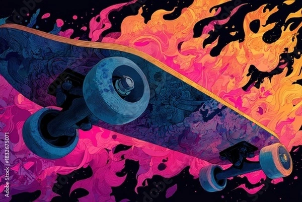 Fototapeta Skateboard Adventure: A vibrant skateboard rides through a fiery landscape, capturing the energy of speed and adventure. The image evokes a sense of freedom and excitement. 