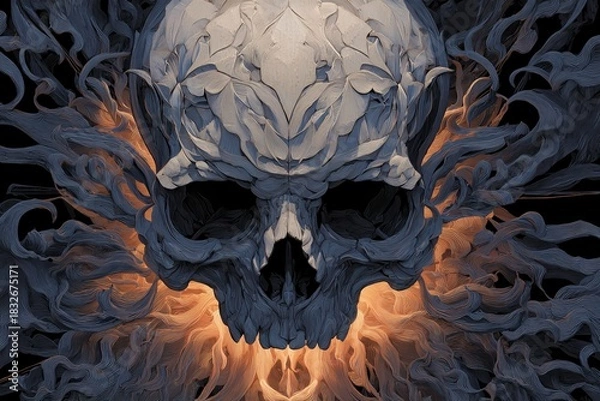 Fototapeta Celestial Skull: A haunting, ornate skull, enveloped in ethereal, swirling light and shadow. The image evokes themes of mortality and transcendence, a fusion of darkness and beauty.