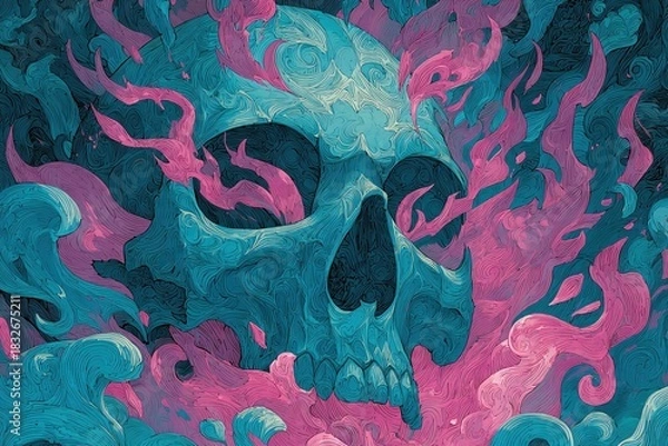 Fototapeta Abstract Skull: A vibrant artistic depiction of a skull, shrouded in ethereal, swirling smoke and intense hues, showcasing a fusion of art and macabre symbolism.
