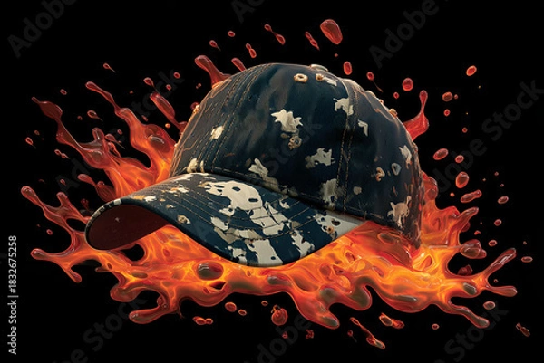 Fototapeta Camouflage Hat in Flaming Splash: A digitally rendered baseball cap with a camouflage pattern emerges from a fiery splash, symbolizing boldness and adventure.