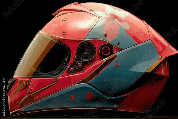 Fototapeta Racing Helmet Artistry: A striking close-up unveils a vibrant racing helmet, its red and blue panels adorned with intricate designs.