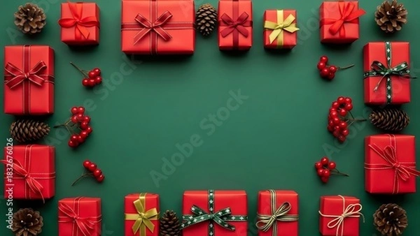 Fototapeta Festive red gift boxes border with pinecones and berries