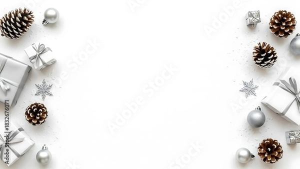 Obraz Rustic silver christmas gift border with pinecones