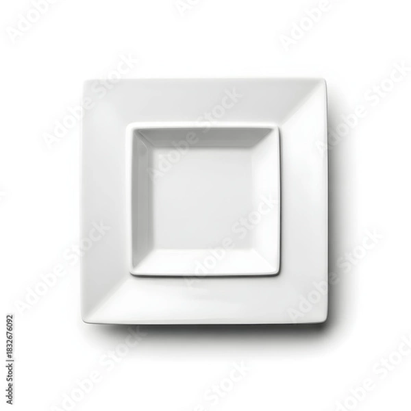 Obraz Two Stacked White Square Plates on White Background