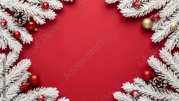 Obraz Frosted pine branches with red baubles on crimson background