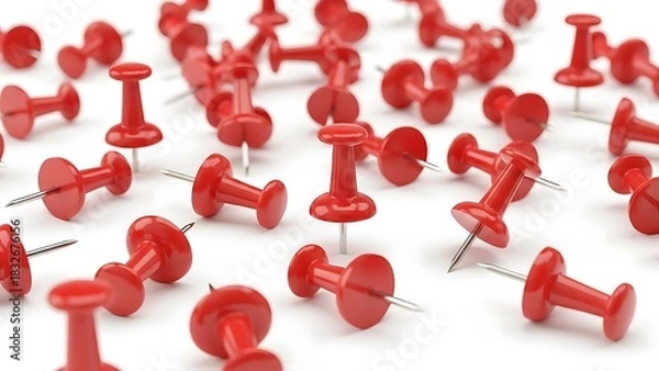 Fototapeta Red push pins scattered on a white surface, office supplies, communication concept