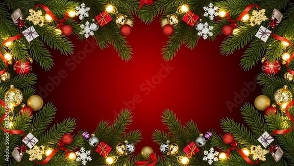 Obraz Festive christmas garland border with lights on red background