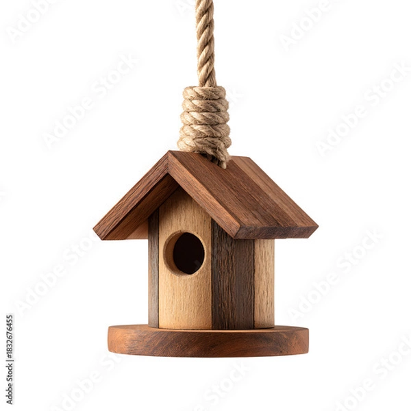 Fototapeta Rustic Wooden Bird Feeder Hanging Empty Against Wall