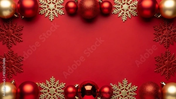 Fototapeta Red and gold snowflake christmas ornament border frame