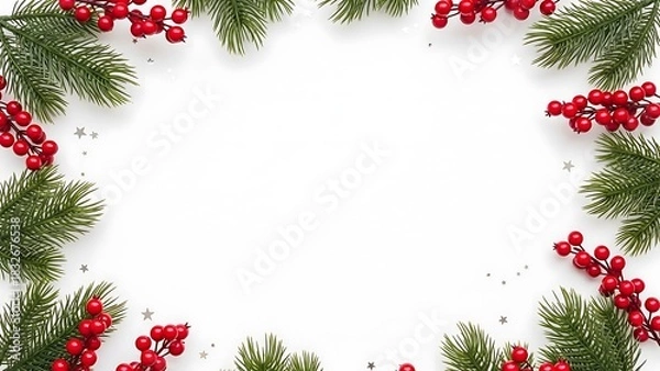 Obraz Christmas wreath frame with holly berries and pine needles