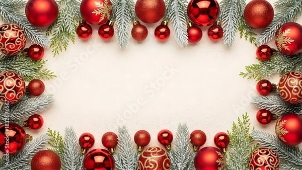 Fototapeta Red christmas ornaments border with fir branches on white