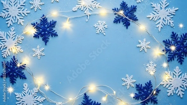 Obraz Blue and white snowflakes with warm fairy lights border