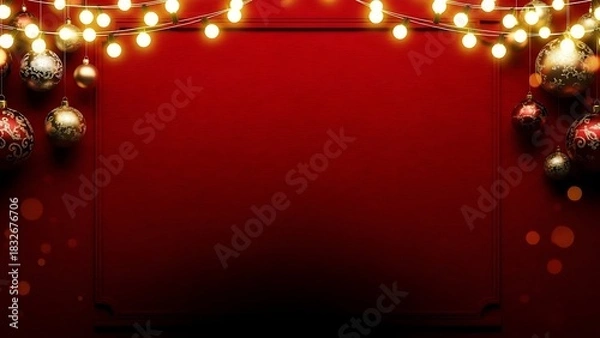 Fototapeta Warm christmas lights frame red background for product display