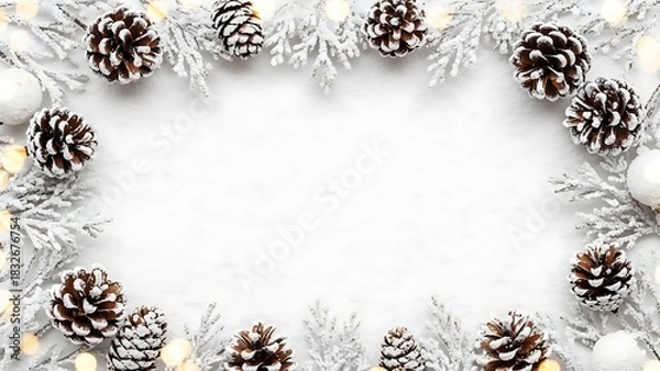 Fototapeta Frosted pinecone garland border with soft white lights