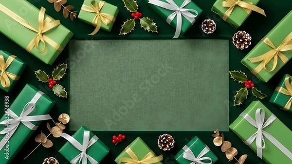 Obraz Festive green christmas gifts border with copy space
