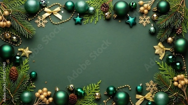 Obraz Emerald green christmas ornaments border with pine needles