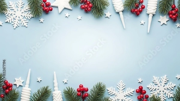 Obraz Winter holiday border with pine needles and red berries