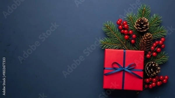 Obraz Red christmas gift box with pine sprigs and berries