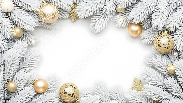 Fototapeta Frosted fir branches with golden ornaments border for winter holidays