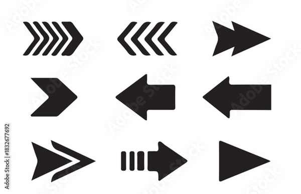 Obraz Set of black arrow icons in various styles pointing right and left on a clean white background
