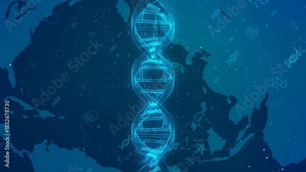 Obraz Digital DNA Strand on World Map: Exploring Genetic Data Across the Globe