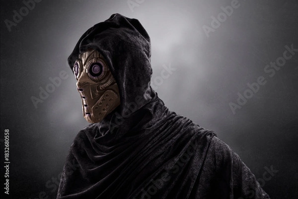 Obraz Robot android over dark misty background with clipping path
