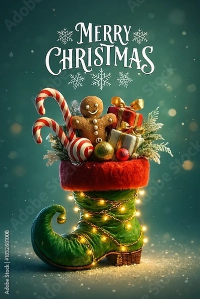 Obraz Whimsical Christmas Elf Boot with Gingerbread Man, Gifts, and Lights