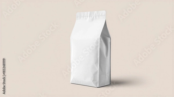 Fototapeta white plastic coffee bag in the centre on clean background, no label, horizontal banner, free space for text, copy space