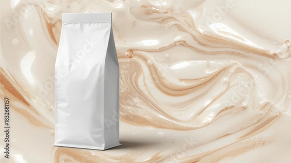Fototapeta White coffee bag without label in mockup style on a light background coffee with milk, horizontal banner, free space for text, copy space