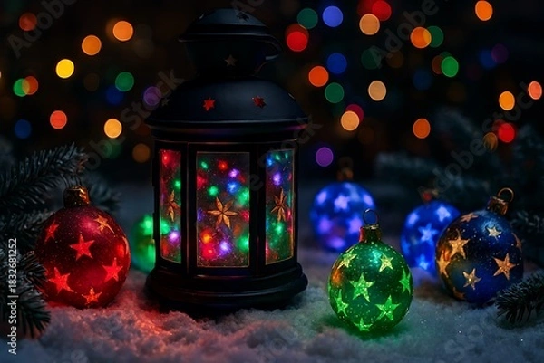 Obraz Glowing Christmas Lantern with Colorful Star Ornaments on Snow at Night