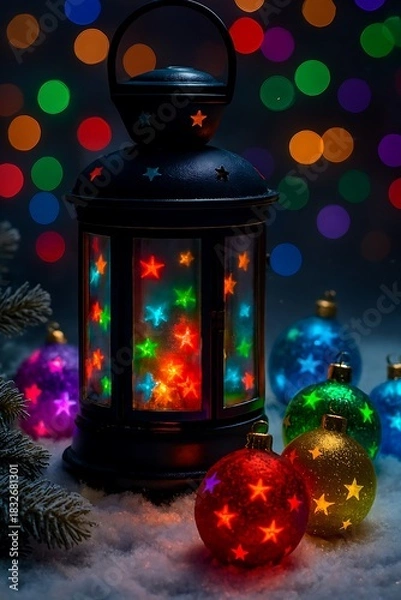Fototapeta Glowing Christmas Lantern with Colorful Star Ornaments on Snow at Night