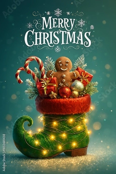 Fototapeta Whimsical Christmas Elf Boot with Gingerbread Man, Gifts, and Lights