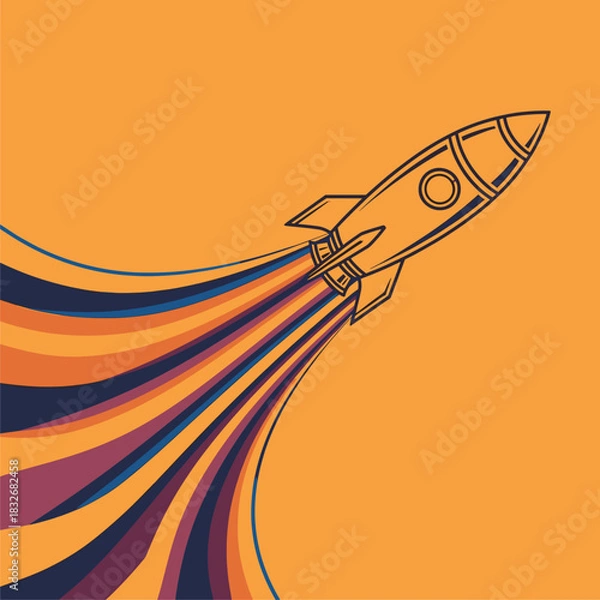 Fototapeta Vibrant Rocket Launch Graphic with Colorful Trail on Orange Background. Startup & Innovation Concept