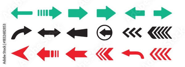 Obraz Diverse set of vector arrows pointing left featuring various designs like solid, outlined, and triple chevrons