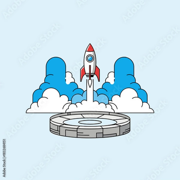 Fototapeta Cartoon rocket launching from a circular pad with smoke clouds, symbolizing business startup, innovation, and success.