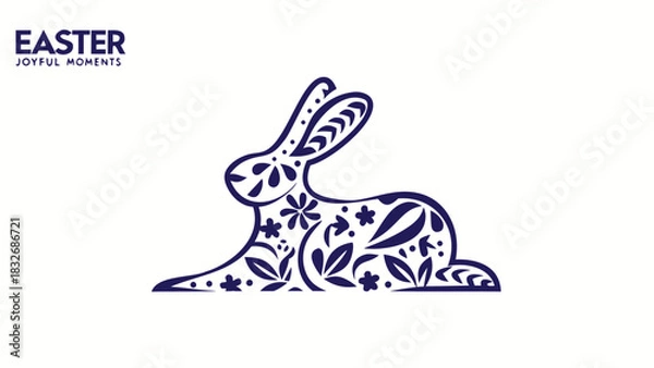 Fototapeta Elegant dark blue ornamental easter bunny silhouette with floral patterns and the text easter joyful moments on a white background perfect for seasonal design