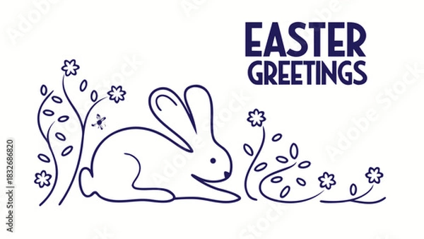 Fototapeta Charming blue line art illustration of a happy easter bunny surrounded by delicate spring flowers and leaves with the words easter greetings above