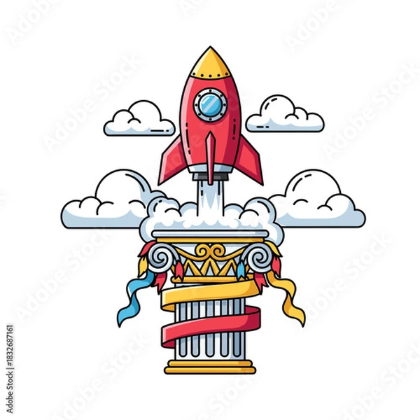 Fototapeta Red Cartoon Rocket Launching from Classical Column with Smoke. Startup, Innovation & Success Concept Vector Illustration.