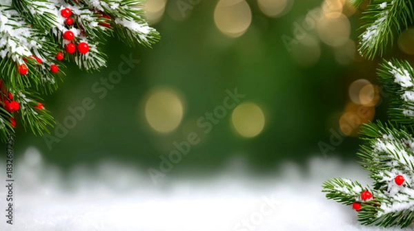 Fototapeta Magical winter wonderland scene with snow covered pine branches adorned with vibrant red berries, softly blurred golden bokeh lights creating a festive holiday atmosphere
