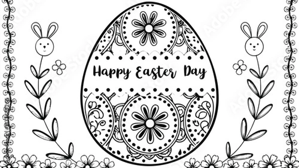Fototapeta Happy easter day decorative egg with cute bunny illustrations and floral borders a simple black and white line drawing for coloring
