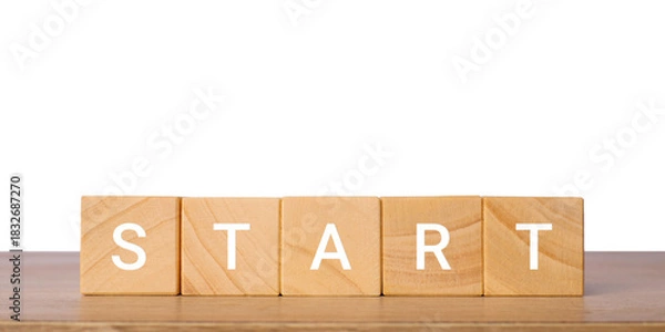 Fototapeta Wooden blocks with word start for beginning and motivation concept, isolated on transparent background