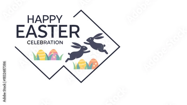 Fototapeta Happy easter celebration with two playful bunnies hopping among colorful decorated eggs and green grass inside a modern geometric frame